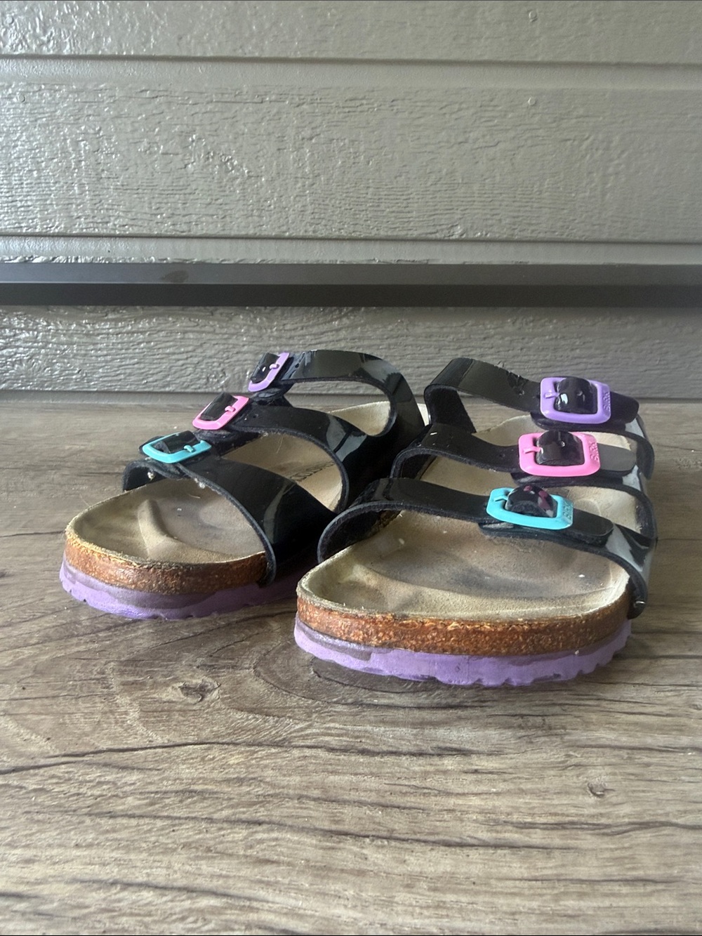 Papillio Birkenstock Triple-strap Sandals Purple, Pink & Teal Buckles size 40